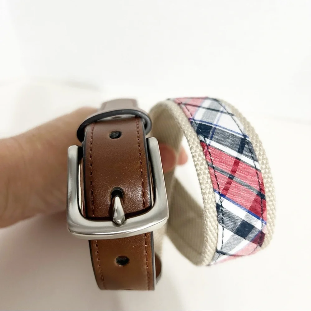 Unbranded Faux Leather and Plaid on Cotton Canvas Webbed Belt Square Belt Buckle